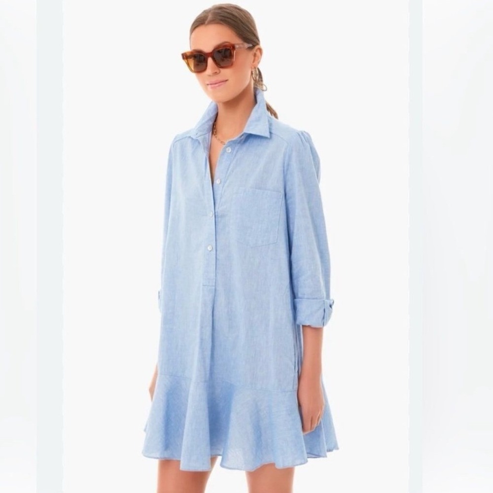 Tuckernuck Callahan Blue Chambray Shirt Dress Womens Medium M Cotton Ruffle Hem
